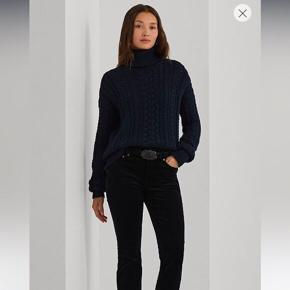 NWT Ralph Lauren Holiday Black Cable Knit Turtleneck Sweater Size Medium - Picture 1 of 11